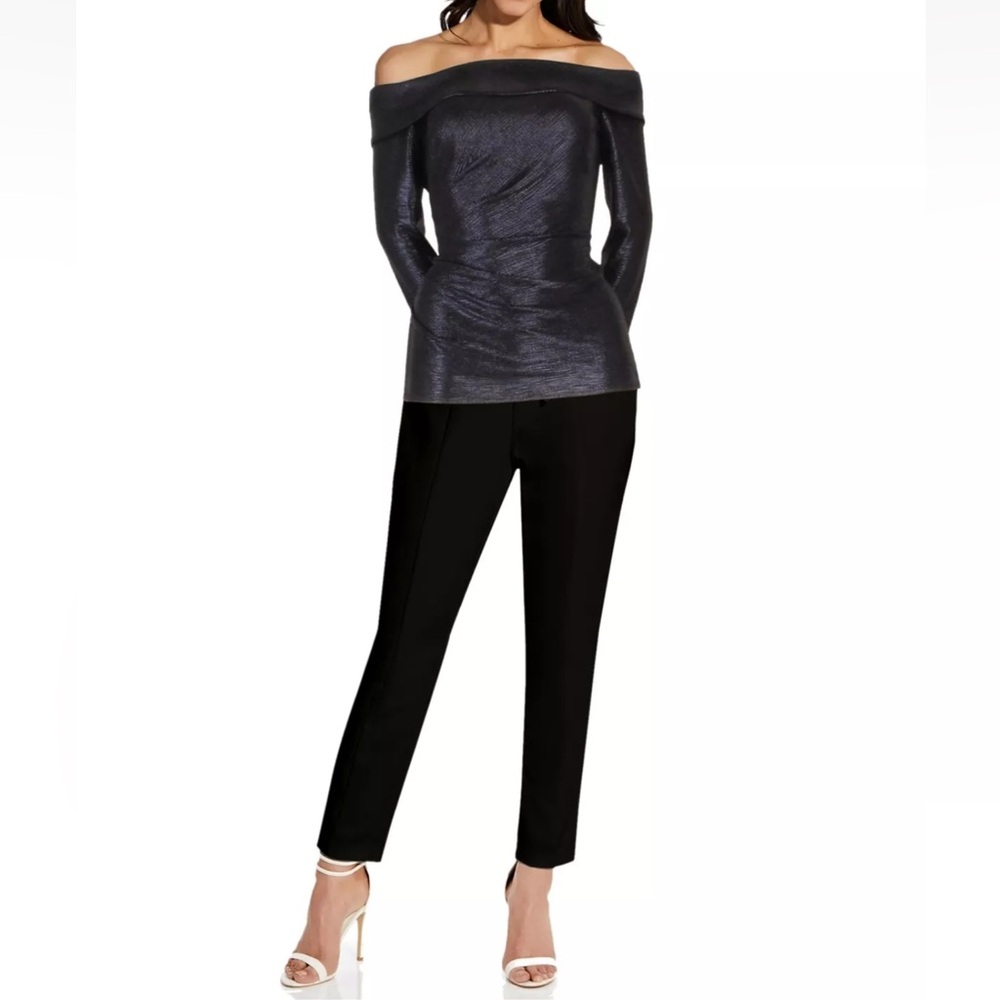 ADRIANNA PAPELL Metallic Off Shoulder Long Sleeve Evening Formal Top - Reemoly